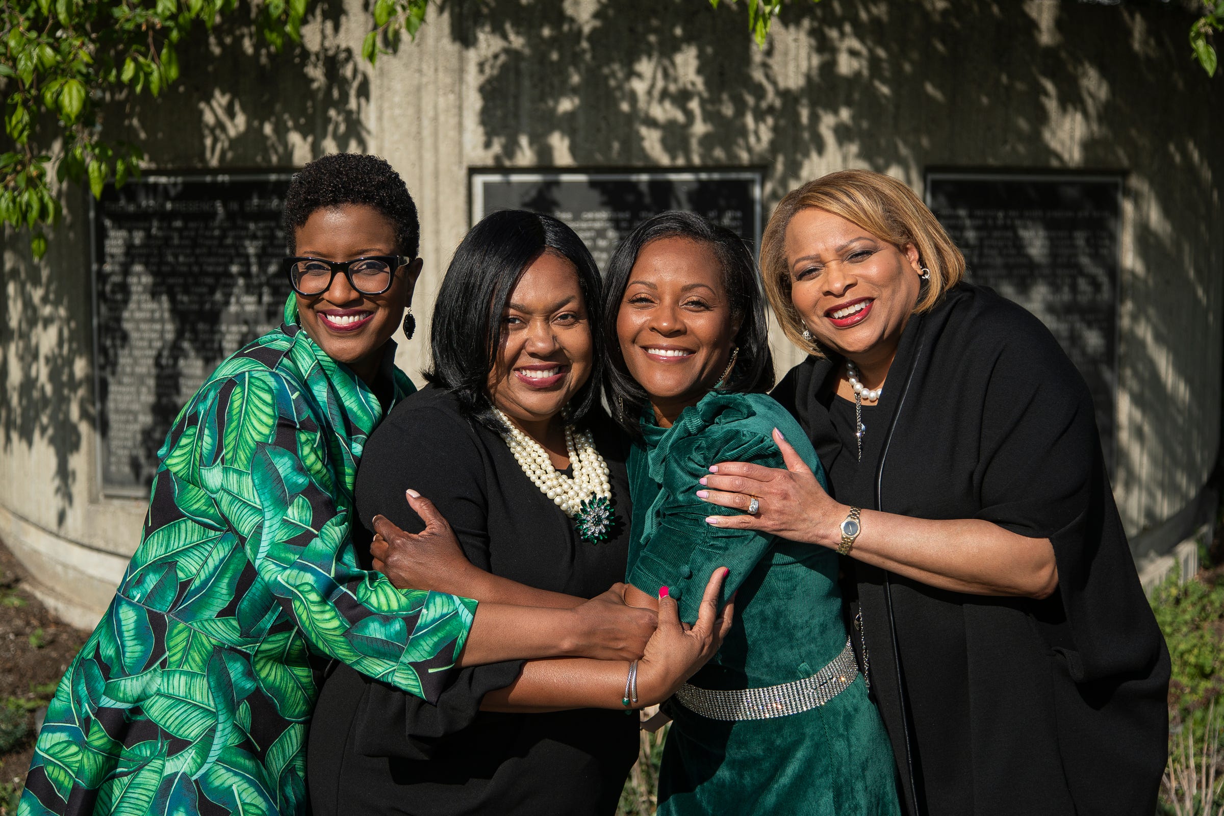 From left, The Links presidents Nutrena Tate of Great Lakes Chapter, Denise Brooks-Williams of Detroit Chapter, Linda Little of Renaissance Chapter and Therese Peace Agboh of Greater Wayne County in front of the the Black Presence in Detroit historical marker in Detroit on May 13, 2021.