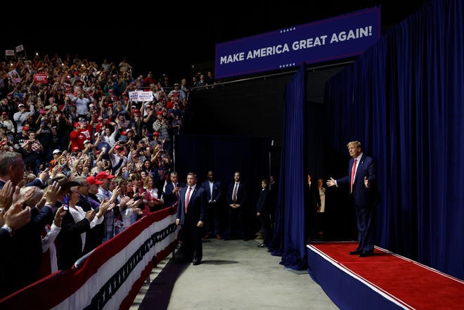 Rome, Georgia | 
Republican presidential candidate and former President Donald Trump takes the stage during a campaign rally at the Forum River Center on March 9, 2024 in Rome, Ga. Both Trump and President Joe Biden are holding campaign events in Georgia, a critical battleground state, two days before the its primary elections. A city of about 38,000, Rome is in the heart of conservative northwest Georgia and the center of the Congressional district represented by Rep. Majorie Taylor Green (R-Ga.).