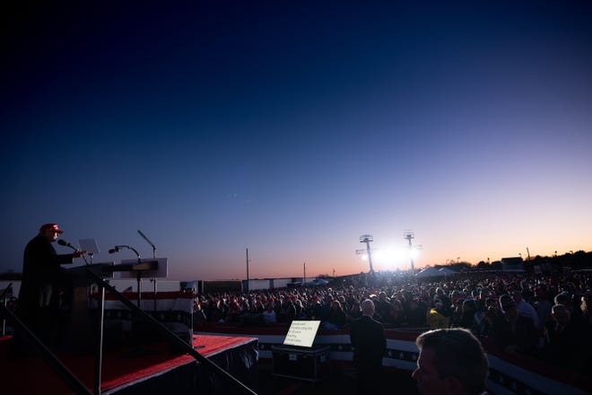 Schnecksville, Pennsylvania |
Republican presidential candidate, former President Donald Trump speaks at a rally outside Schnecksville Fire Hall on April 13, 2024, two days before the start of his first criminal trial. During his speech, he criticized the judge overseeing his criminal trial. Trump has slammed Justice Juan Merchan and Manhattan District Attorney Alvin Bragg in the past, accusing both men of exhibiting political bias against him.