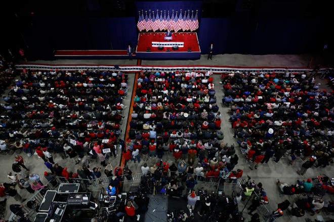 Rome, Georgia | 
Republican presidential candidate and former President Donald Trump addresses a campaign rally at the Forum River Center on March 9, 2024 in Rome, Ga. In his speech, Trump repeated unfounded claims of election fraud in the 2020 election. He also called out Georgia district attorney, Fani Willis, who is prosecuting him for interfering with the 2020 election, accusing her of working with the Biden administration to target him. Much of Trump’s remarks were focused on immigration at the U.S. southern border.