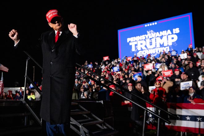 Schnecksville, Pennsylvania | 
Republican presidential candidate, former President Donald Trump dances as he departs after speaking at a rally outside Schnecksville Fire Hall on April 13, 2024. Hundreds of supporters waited hours in a line stretching for more than a mile to see Trump speak in a suburb of Allentown, Penn. in the Lehigh Valley.