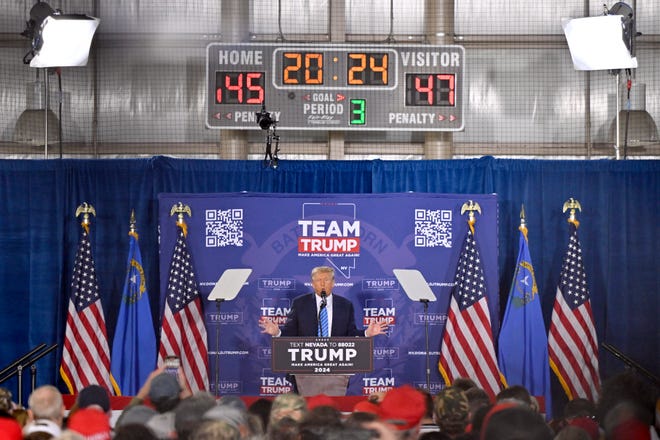 Las Vegas, Nevada | 
Republican presidential candidate and former President Donald Trump speaks during a campaign event at Big League Dreams Las Vegas on Jan. 27, 2024. Trump is campaigning in Nevada ahead of the state’s Republican presidential caucuses on Feb. 8. 

Trump touted his recent wins in the Iowa caucuses and New Hampshire primaries, and he continued to repeat unfounded claims that the 2020 election was rigged against him.