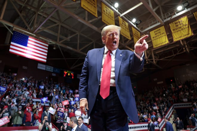 Rock Hill, South Carolina |
Republican presidential candidate and former President Donald Trump thanks supporters after speaking at a “Get Out The Vote” rally at Winthrop University on Feb. 23, 2024 in Rock Hill, S.C. During his 90-minute speech Trump talked about the southern border and the economy, among other topics, including reiterating his support for the right of families to use IVF. He also brought up unfounded claims of election interference.