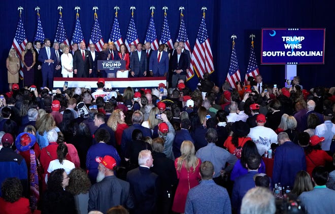 Columbia, South Carolina | 
Former President Donald Trump speaks at an “Election Night Watch Party” in Columbia, S.C., on Feb. 24, 2024. Trump won the Republican primary in South Carolina, U.S. media projections showed, defeating rival Nikki Haley and continuing his march toward the nomination ahead of November's presidential election.