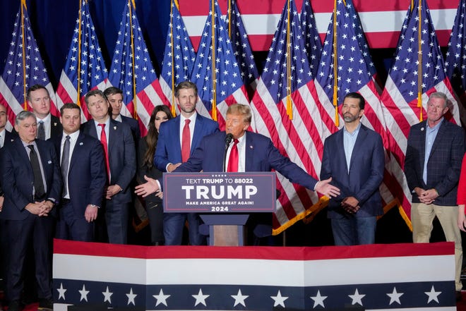 Des Moines, Iowa | 
Former President Donald Trump speaks at the Trump caucus night watch party at the Iowa Events Center in Des Moines on Jan. 15, 2024. Trump scored the biggest victory in the history of the Iowa caucuses.