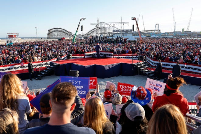 Wildwood, New Jersey | Republican presidential candidate former President Donald Trump speaks during a campaign rally in Wildwood Beach on May 11, 2024. The former President and presumptive Republican nominee held a campaign rally as his hush money trial takes a weekend break.