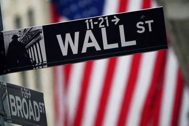 FILE PHOTO: A Wall Street sign is pictured outside the New York Stock Exchange in the Manhattan borough of New York City, New York, U.S., October 2, 2020. REUTERS/Carlo Allegri/File Photo