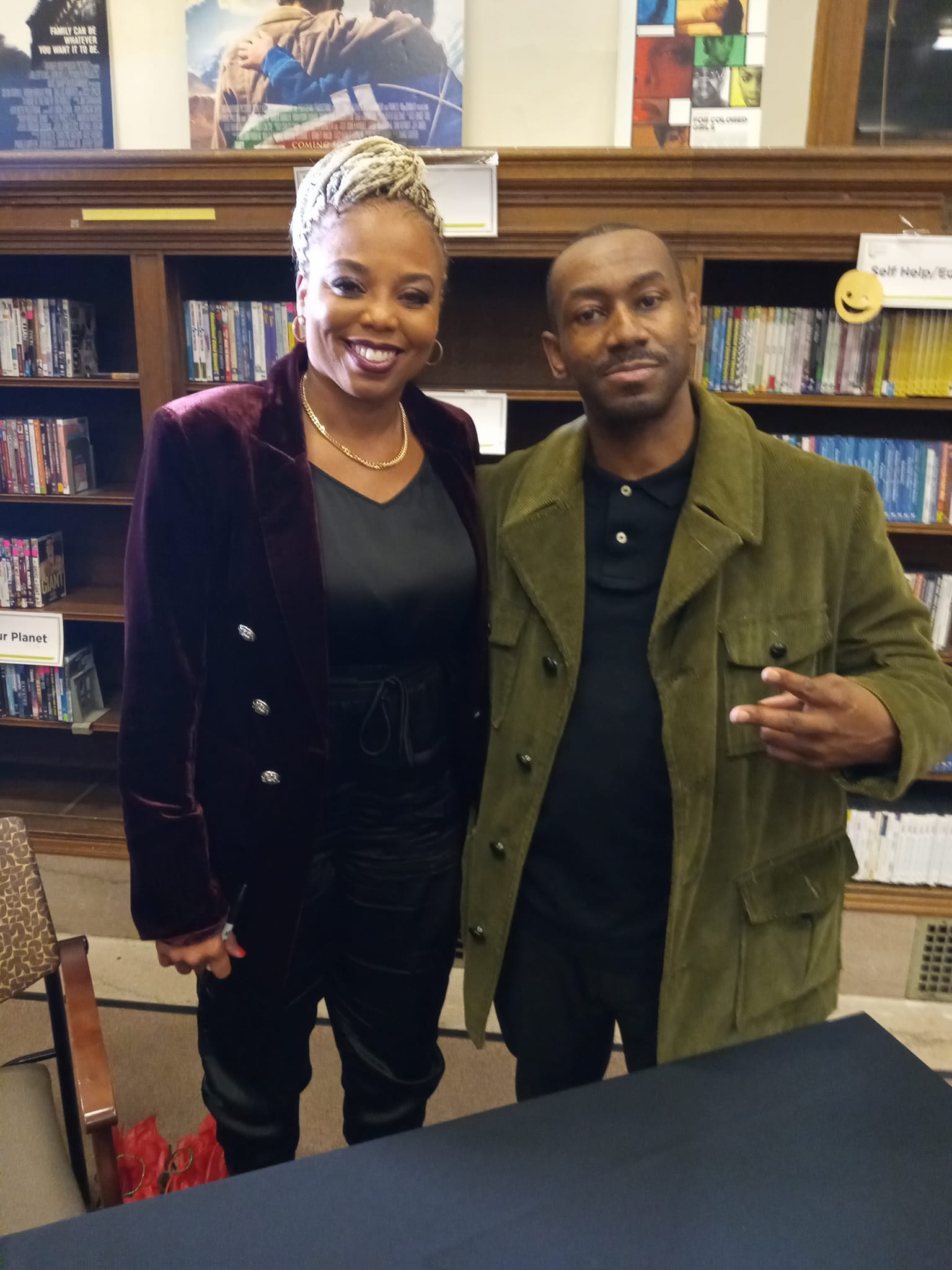 Before he created the "Leaf Erikson" stage name, Corey Greenleaf (right) was a schoolmate of Jemele Hill at Pyramid Elementary School in Detroit. When Hill came to the Detroit Public Library on Nov. 16, 2022 for a book signing after the publication of her book, "Uphill: A Memoir," Hill's longtime friend was there to greet her.