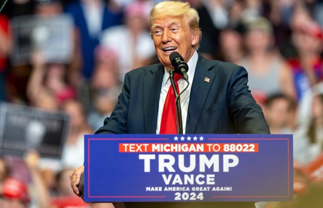 Former President Donald Trump speaks in front of thousands during a rally at the Van Andel Arena in Grand Rapids, Mich., on Saturday, July 20, 2024.