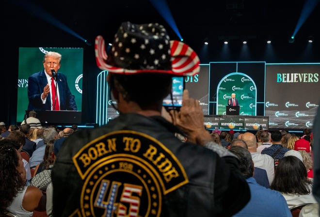 Former President Donald Trump speaks at the Turning Point USA Believers' Summit at the Palm Beach County Convention Center on July 26, 2024 in West Palm Beach, Florida.