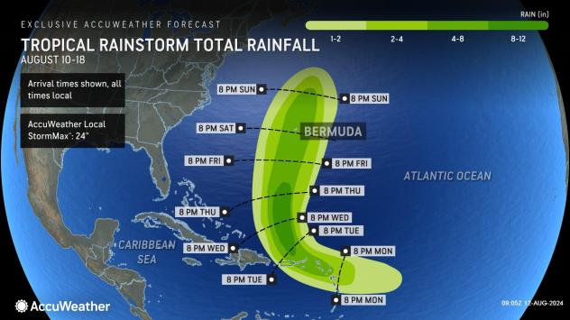 Total rainfall projected for Potential Tropical Cyclone Five as of Aug. 12, 2024, as of Aug. 12, 2024.