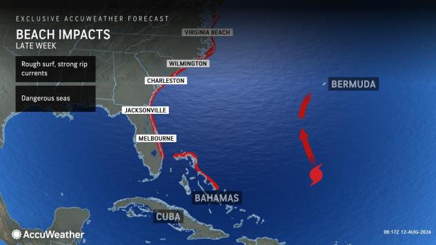 Beach impacts associated with Potential Tropical Cyclone Five as of Aug. 12, 2024.