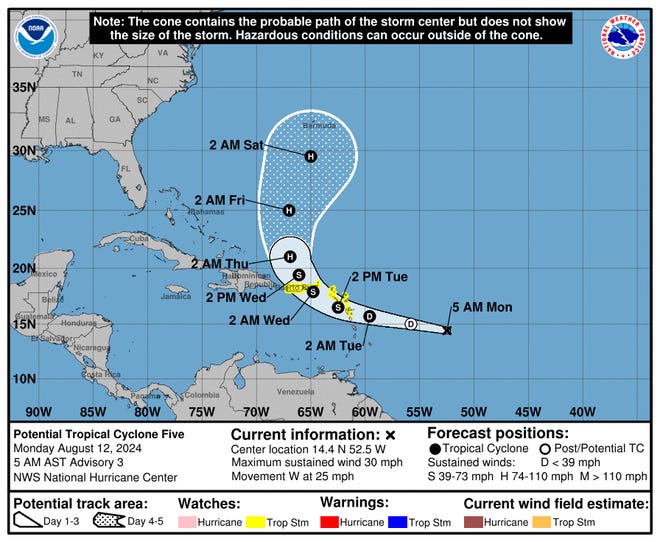 Path predicted for Potential Tropical Cyclone Five as of 5 a.m. Aug. 12, 2024.