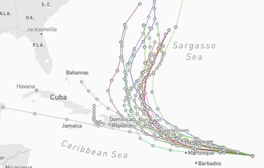 Spaghetti models for Potential Tropical Cyclone Five 6 a.m. Aug. 12, 2024.