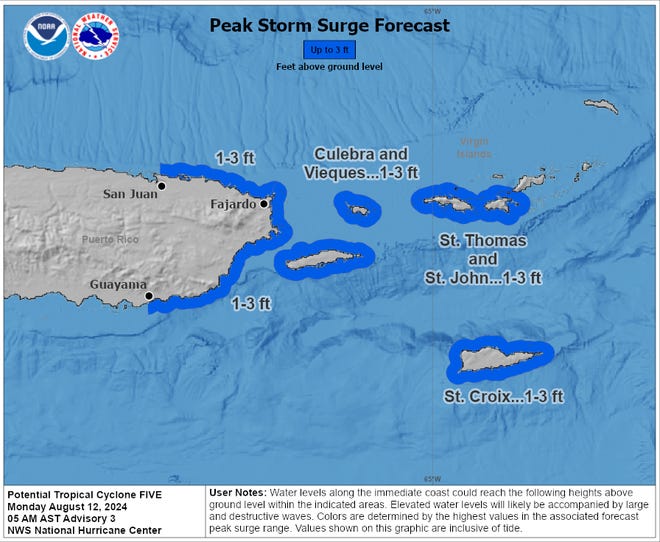 Peak surge forecast associated with Potential Tropical Cyclone Five 8 a.m. Aug. 12, 2024.