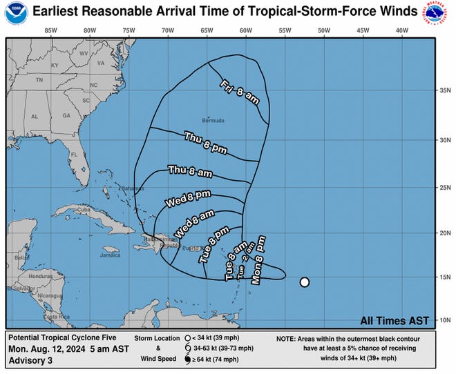 Expected arrival time of tropical-storm-force winds associated with Potential Tropical Cyclone Five 8 a.m. Aug. 12, 2024.