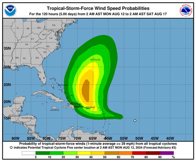 Wind speed probabilities associated with Potential Tropical Cyclone Five 8 a.m. Aug. 12, 2024.