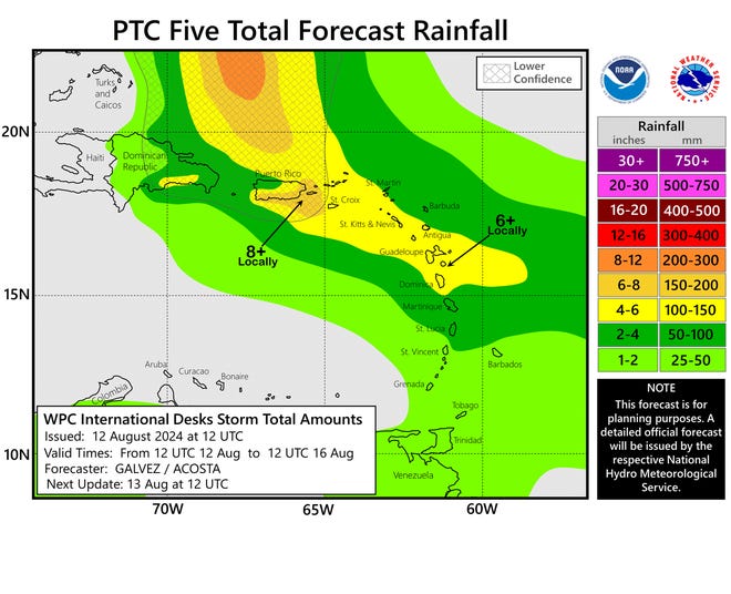 Total rainfall forecast associated with Potential Tropical Cyclone Five 8 a.m. Aug. 12, 2024.