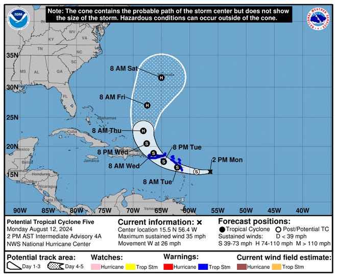 Potential Tropical Cyclone Five as of 2 p.m. Aug. 12, 2024.