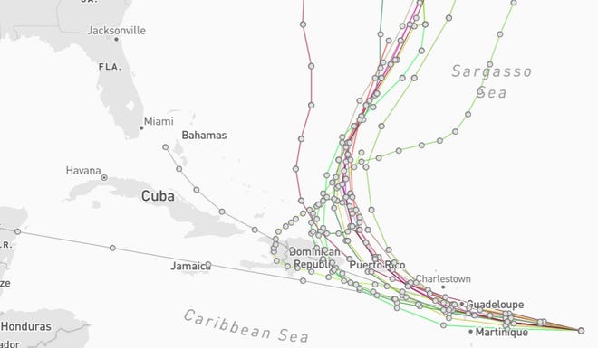 Spaghetti models for Potential Tropical Cyclone Five as of 2 p.m. Aug. 12, 2024.