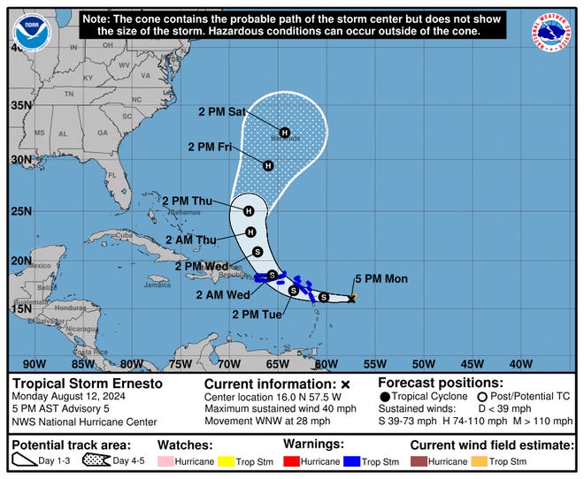 Probable path for Tropical Storm Ernesto as of 5 p.m. Monday, August 12, 2024