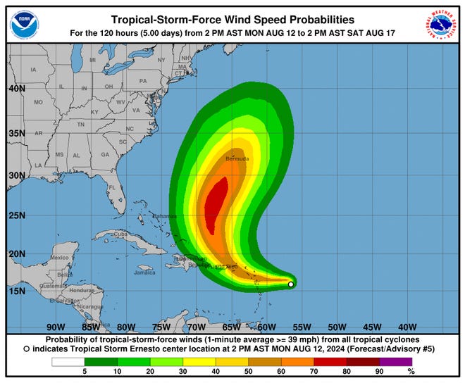 Tropical-storm-force wind speed probabilities for Tropical Storm Ernesto as of 5 p.m., Monday, August 12, 2024.