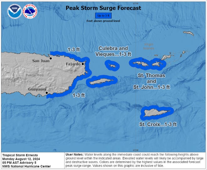 Peak storm surge forecast for Tropical Storm Ernesto as of 5 p.m., Monday, August 12, 2024.