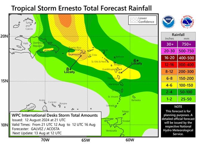 Total rainfall forecast for Tropical Storm Ernesto as of 5 p.m., Monday, August 12, 2024.