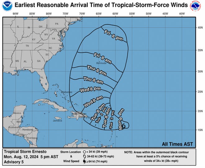 Earliest reasonable arrival time of tropical-storm-force winds from Tropical Storm Ernesto as of 5 p.m., Monday, August 12, 2024.