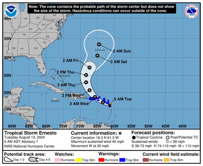 Tropical Storm Ernesto 5 a.m. Aug. 13, 2024.