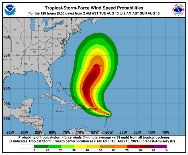 Wind speed probabilities associated with Tropical Storm Ernesto 5 a.m. Aug. 13, 2024.