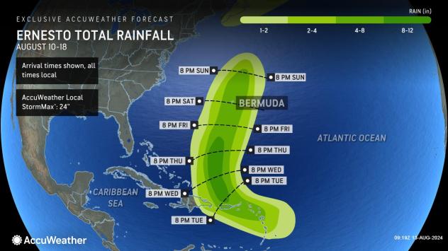 Total rainfall predictions associated with Tropical Storm Ernesto as of Aug. 13, 2024.