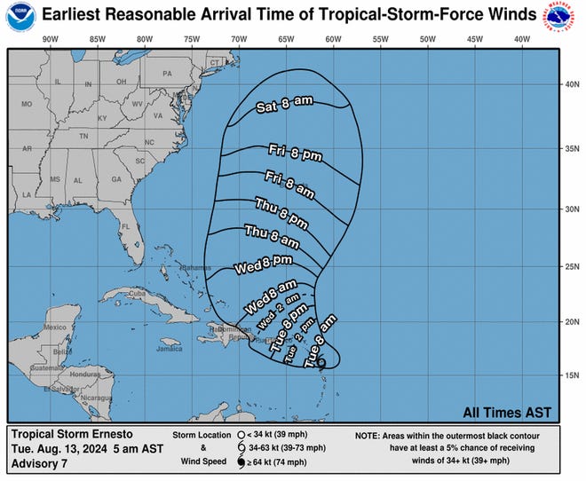 Arrival time of tropical-storm-force winds associated with Tropical Storm Ernesto as of 5 a.m. Aug. 13, 2024.