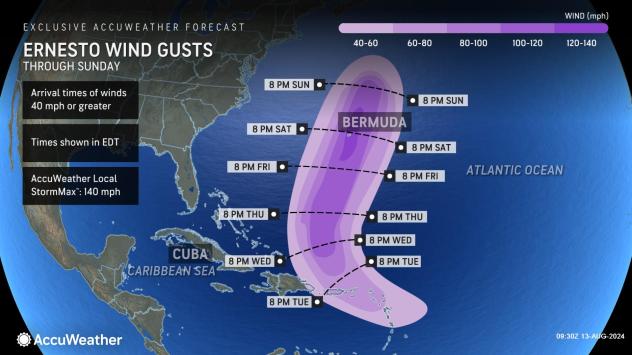 Wind gusts predicted from Tropical Storm Ernesto as of Aug. 13, 2024.