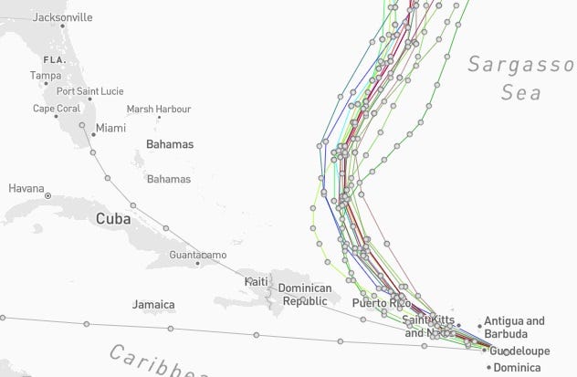 Spaghetti models for Tropical Storm Ernesto 6 a.m. Aug. 13, 2024.