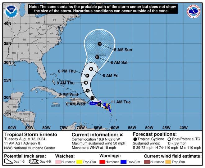 Tropical Storm Ernesto 11 a.m. Aug. 13, 2024.