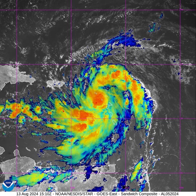 Tropical Storm Ernesto radar images at 11 a.m. Aug. 13, 2024.