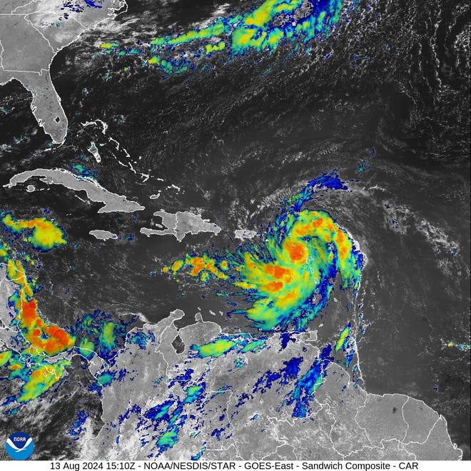 Tropical Storm Ernesto radar images at 11 a.m. Aug. 13, 2024.