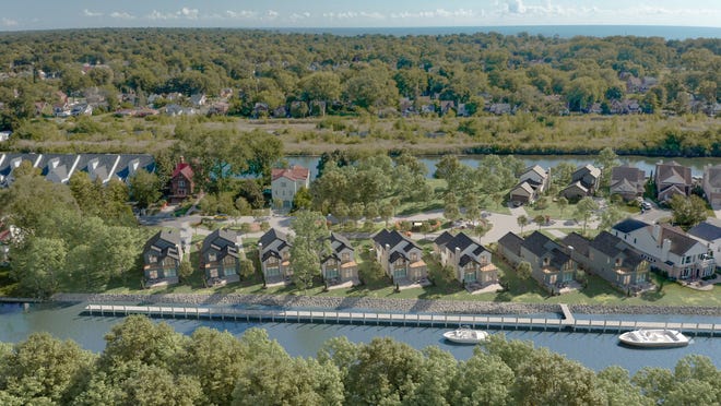 Aerial rendering of planned waterfront homes at Shorepointe Village in Detroit.