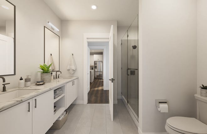 Rendering of a bathroom at Shorepointe Village in Detroit.