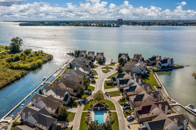 Aerial of waterfront homes at Shorepointe Village in Detroit.