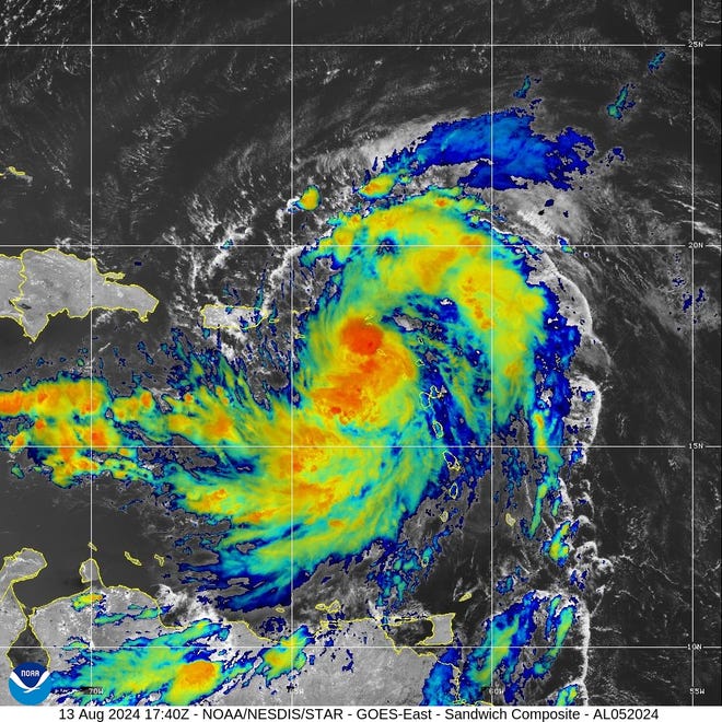 Tropical Storm Ernesto 2 p.m. Aug. 13, 2024.