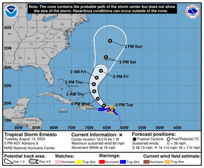 Probable path for Tropical Storm Ernesto as of 5 p.m. Tuesday, August 13, 2024.