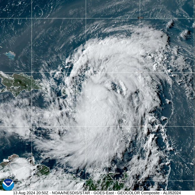 Satellite image of Tropical Storm Ernesto, as of 5 p.m. Tuesday, August 13, 2024.