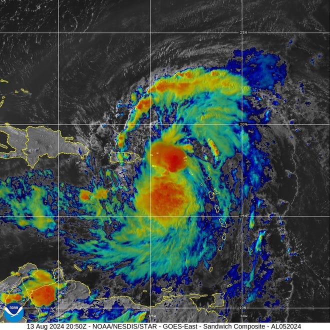 Satellite image of Tropical Storm Ernesto, as of 5 p.m. Tuesday, August 13, 2024.