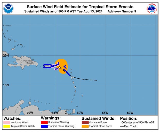 Surface wind field estimate for Tropical Storm Ernesto, as of 5 p.m. Tuesday, August 13, 2024.