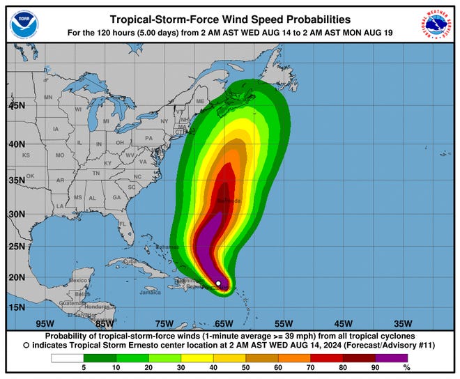 Wind speed probabilities associated with Tropical Storm Ernesto 5 a.m. Aug. 14, 2024.