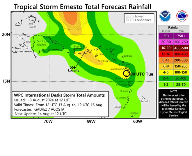 Rainfall potential associated with Tropical Storm Ernesto 5 a.m. Aug. 14, 2024.