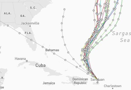 Spaghetti models for Tropical Storm Ernesto 7 a.m. Aug. 14, 2024.